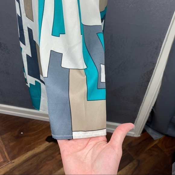 Lauren Moffatt retro vibe green white gray geometric keyhole ruffle long tunic - Picture 6 of 8